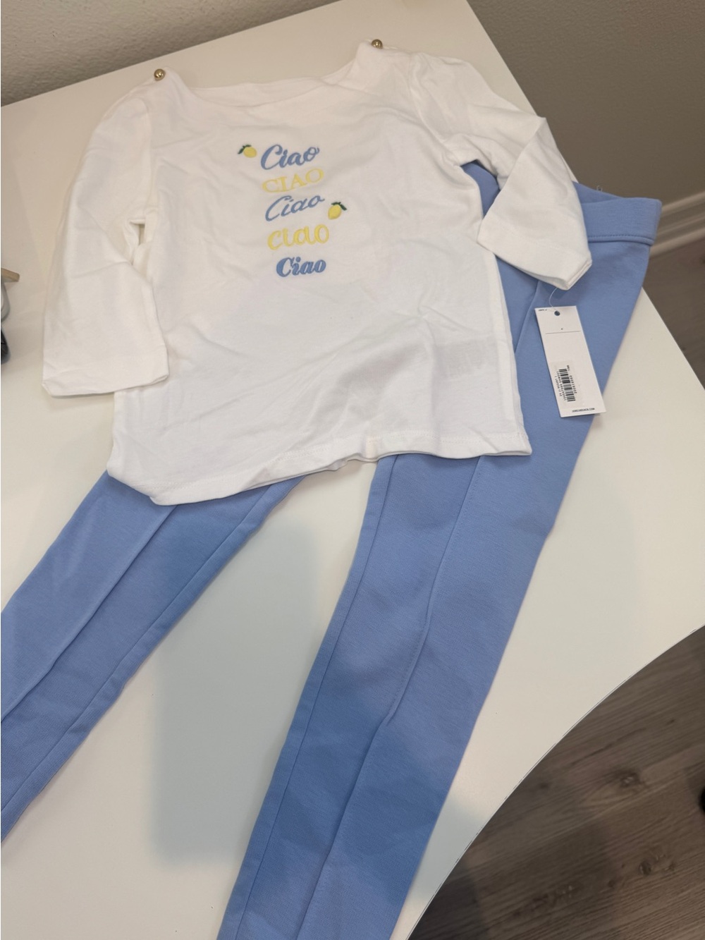 Janie and Jack White Tee with Yellow & Blue 'Ciao' Embroidery